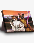 Personalized standing canvas featuring two pets as Princess Leia and a Jedi with a lightsaber.