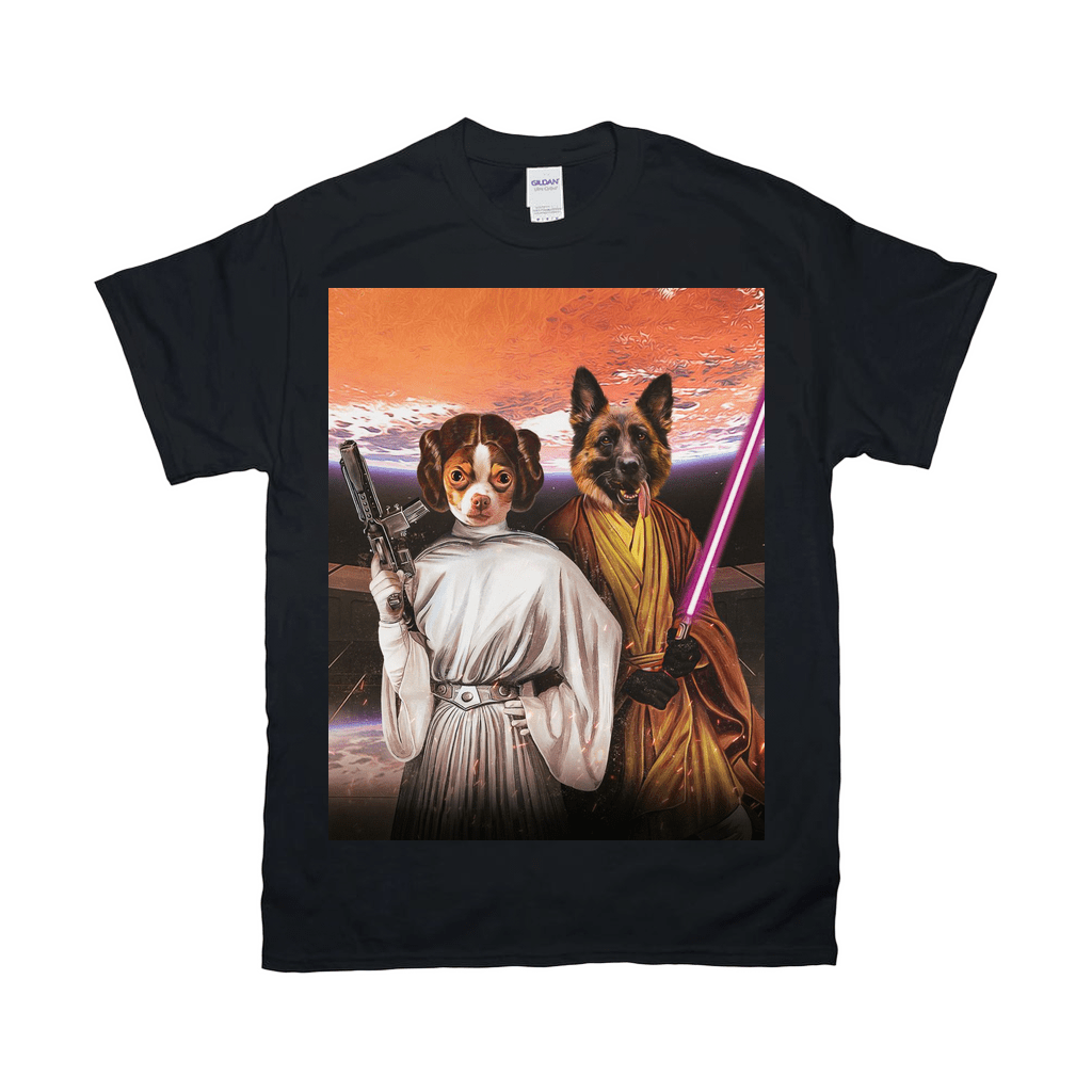 Black Gildan t-shirt featuring a custom graphic of a dog as Princess Leia and a German Shepherd as a Jedi.