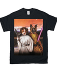 Black Gildan t-shirt featuring a custom graphic of a dog as Princess Leia and a German Shepherd as a Jedi.