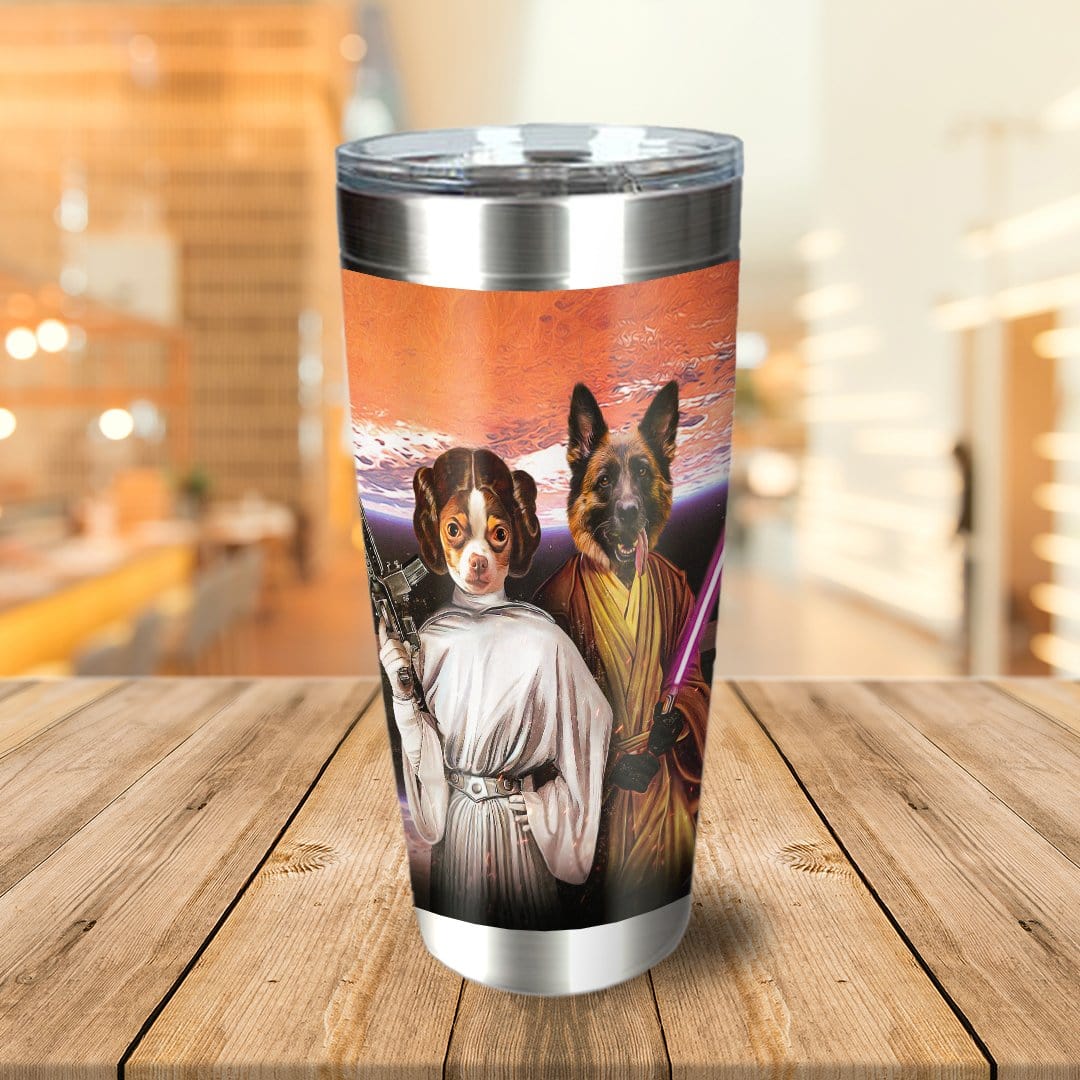 Personalized stainless steel tumbler with two pets dressed as Star Wars characters, a chihuahua as Princess Leia and a German Shepherd as a Jedi.
