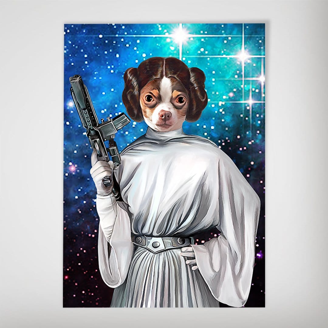 Personalized 'Princess Leidown' dog poster, featuring a chihuahua in a white gown holding a blaster against a starry blue background.