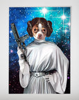 Personalized 'Princess Leidown' dog poster, featuring a chihuahua in a white gown holding a blaster against a starry blue background.