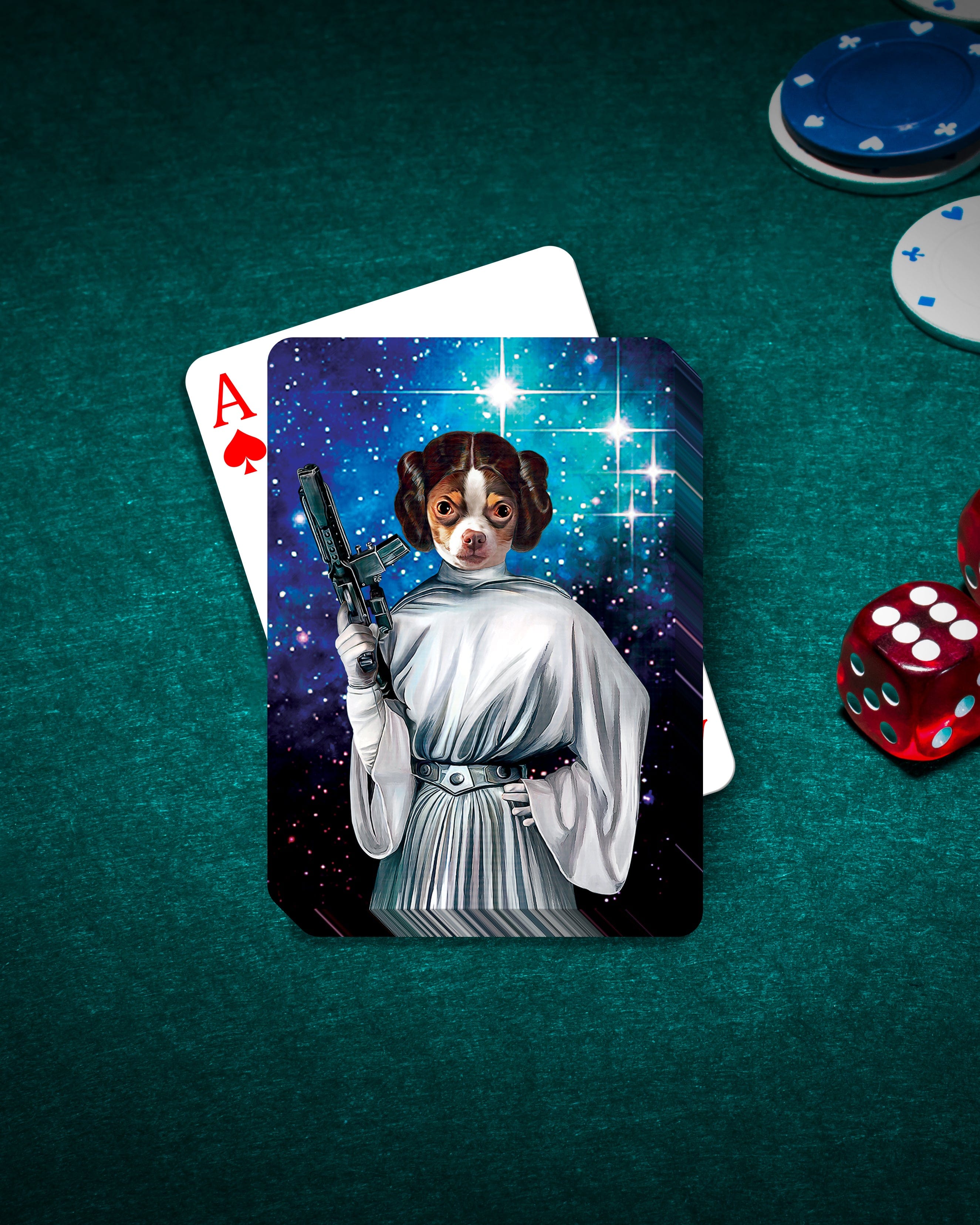 Personalized playing card featuring a dog's portrait as Princess Leia, on a green felt table with chips and dice.