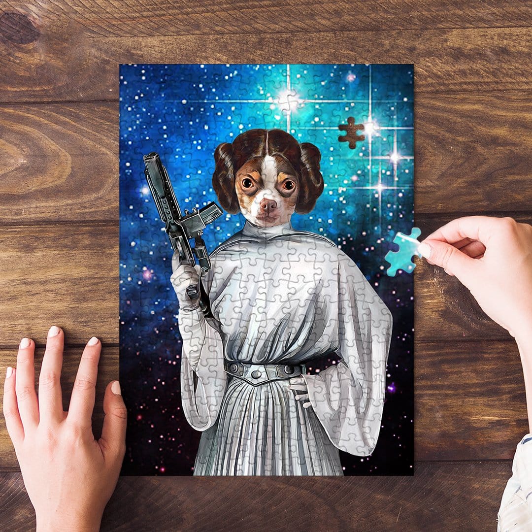 Personalized pet puzzle featuring a dog as Princess Leia, with a starry blue background.
