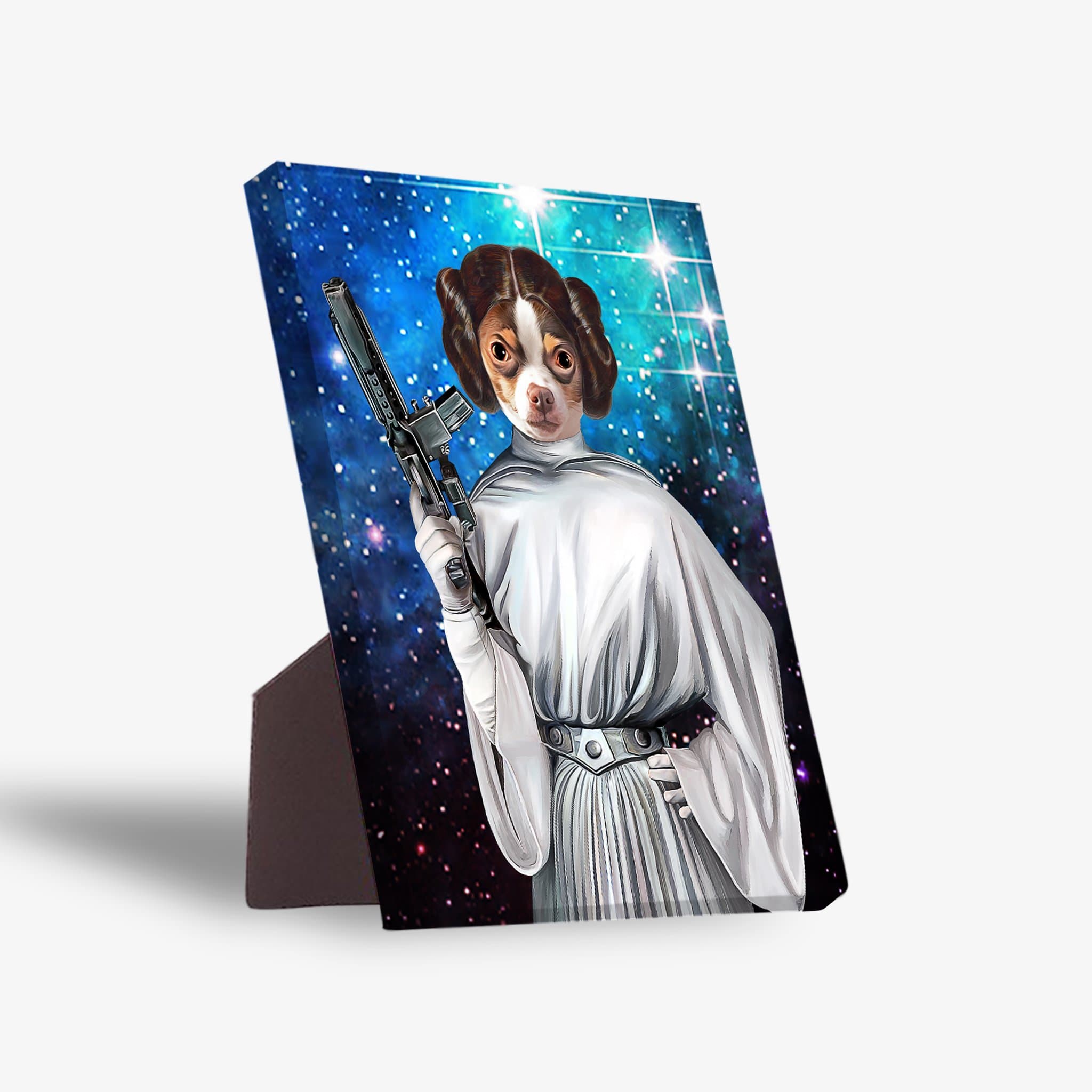 Personalized pet standing canvas featuring a dog as Princess Leia with a blaster against a starry blue background.