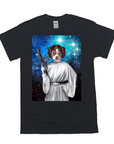 Black Gildan t-shirt with a personalized pet portrait of a dog dressed as Princess Leia holding a blaster.