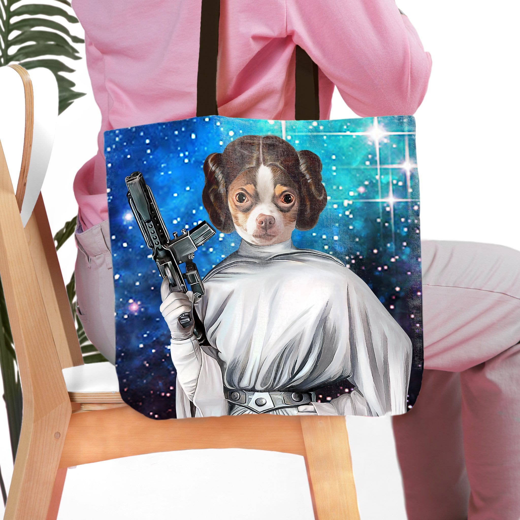 Personalized tote bag with a chihuahua pet portrait as Princess Leia against a starry blue background.