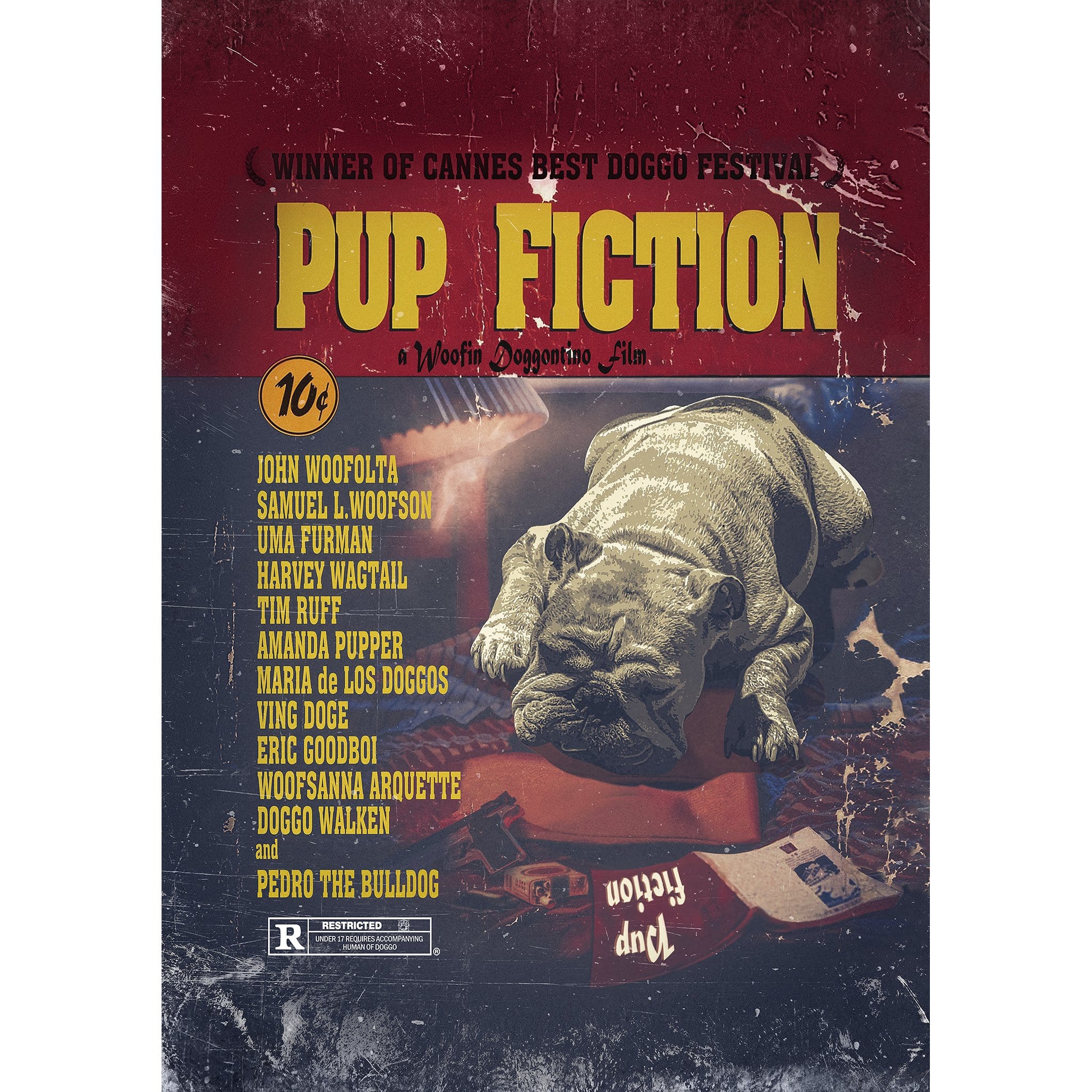 Personalized Pup Fiction movie poster featuring a bulldog, vintage style.