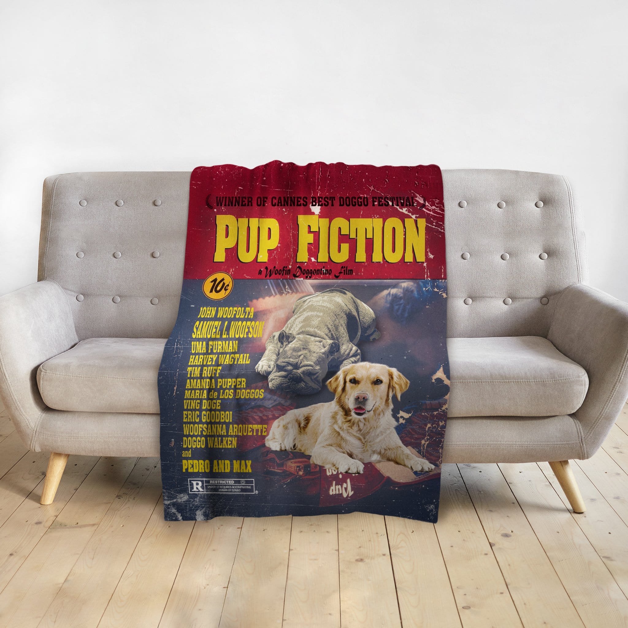 Personalized 'Pup Fiction' blanket with two custom dog portraits in a vintage movie poster style on a couch.