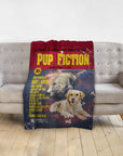 Personalized 'Pup Fiction' blanket with two custom dog portraits in a vintage movie poster style on a couch.