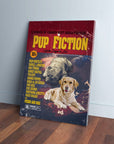 Pup Fiction personalized canvas featuring two dogs in a vintage movie poster style.