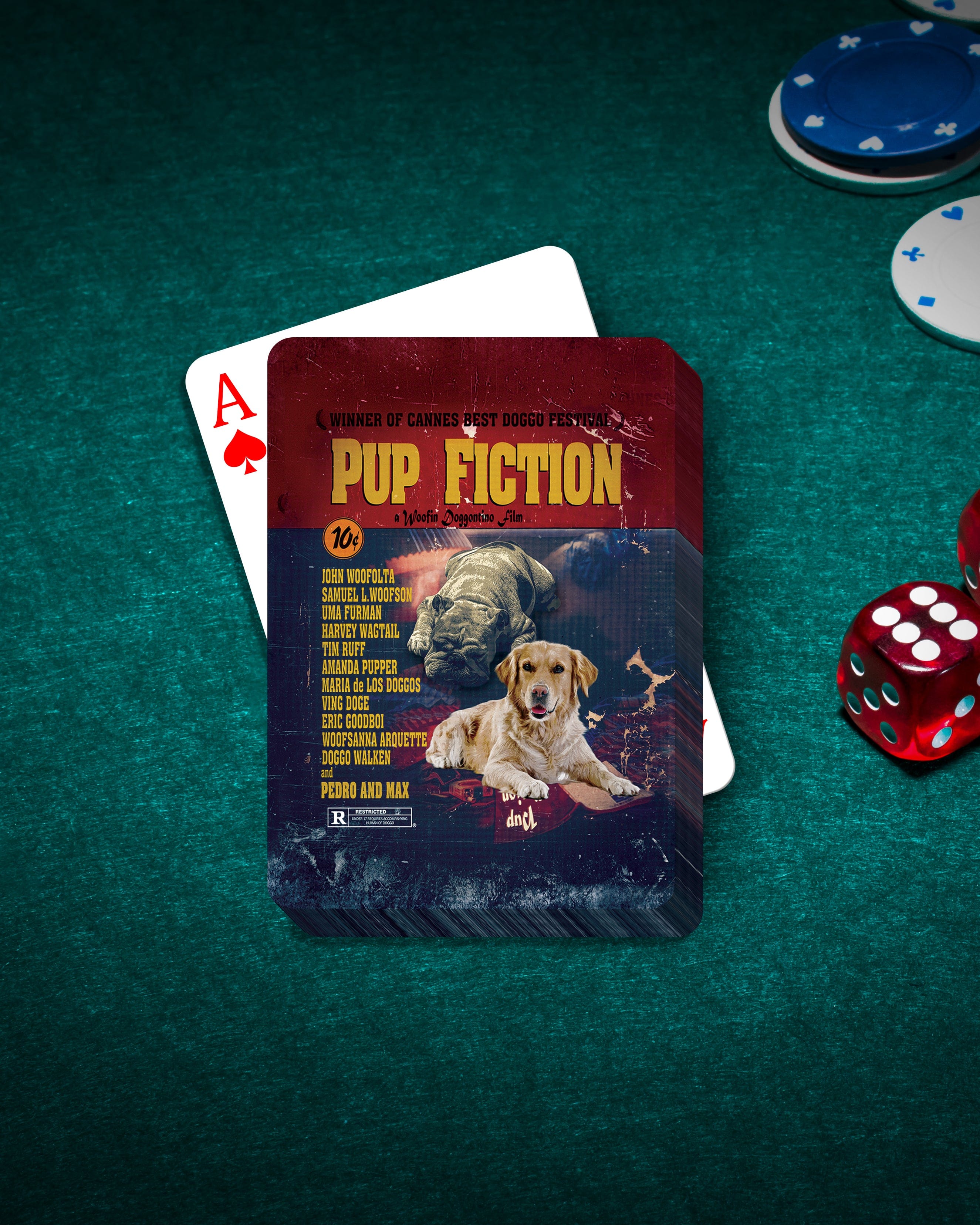 Custom "Pup Fiction" playing cards featuring a personalized dog portrait on a movie poster design, with poker chips and dice.