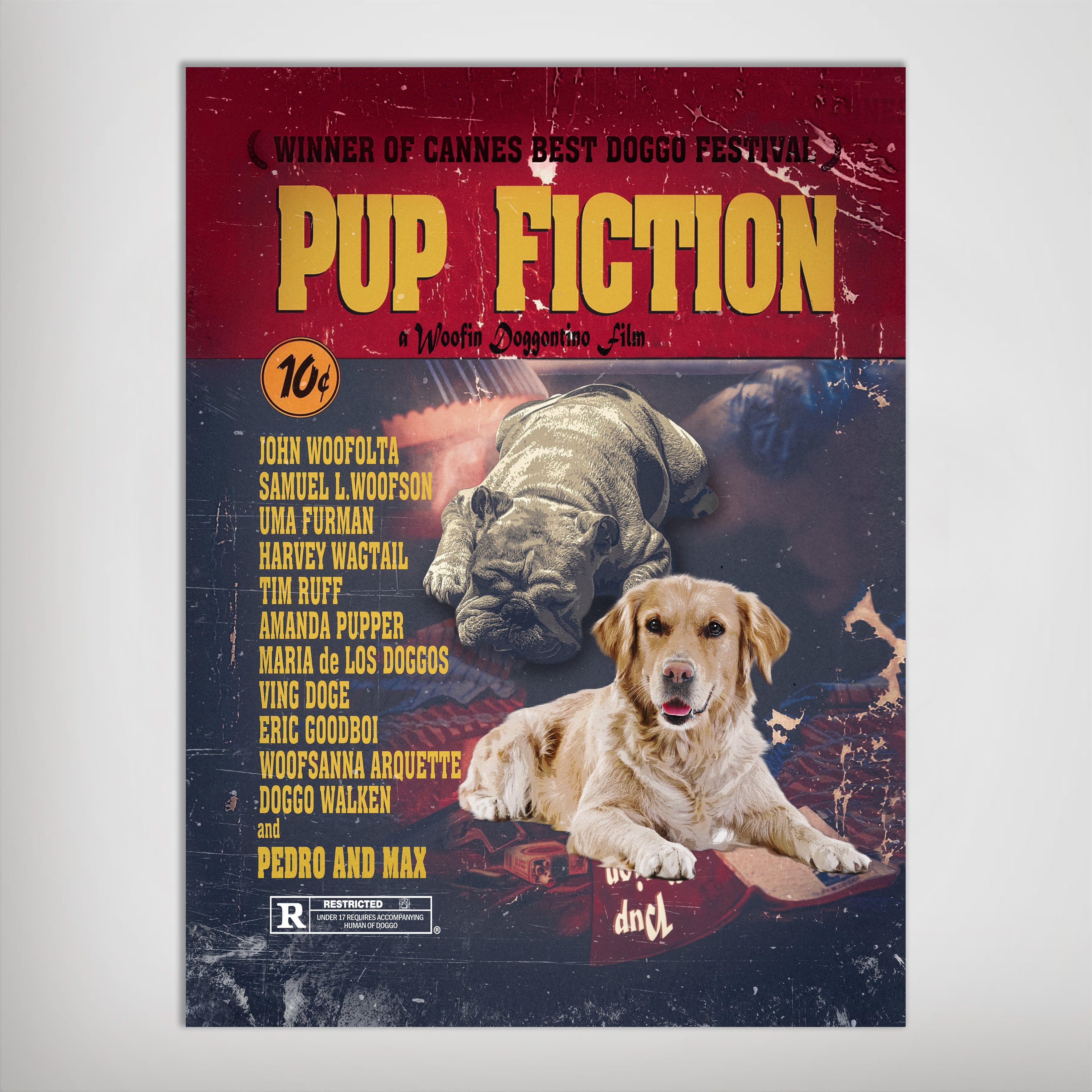 Personalized 'Pup Fiction' poster featuring a bulldog and golden retriever in a vintage movie style.