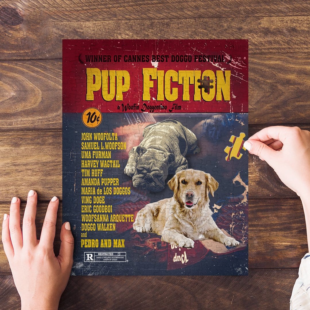 Personalized "Pup Fiction" movie poster puzzle featuring a bulldog and golden retriever.