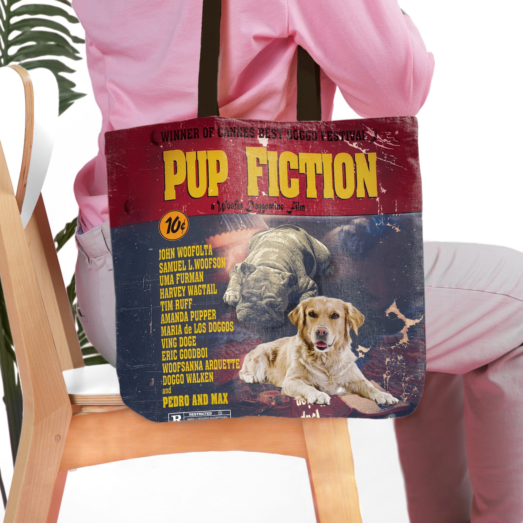 Personalized 'Pup Fiction' 2 pet tote bag featuring custom dog portraits in a vintage movie poster style.