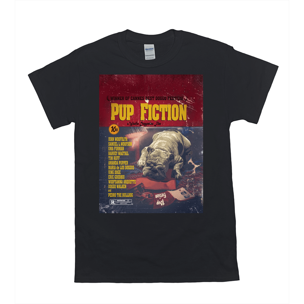 Black Gildan t-shirt with a vintage "Pup Fiction" movie poster design featuring a bulldog.