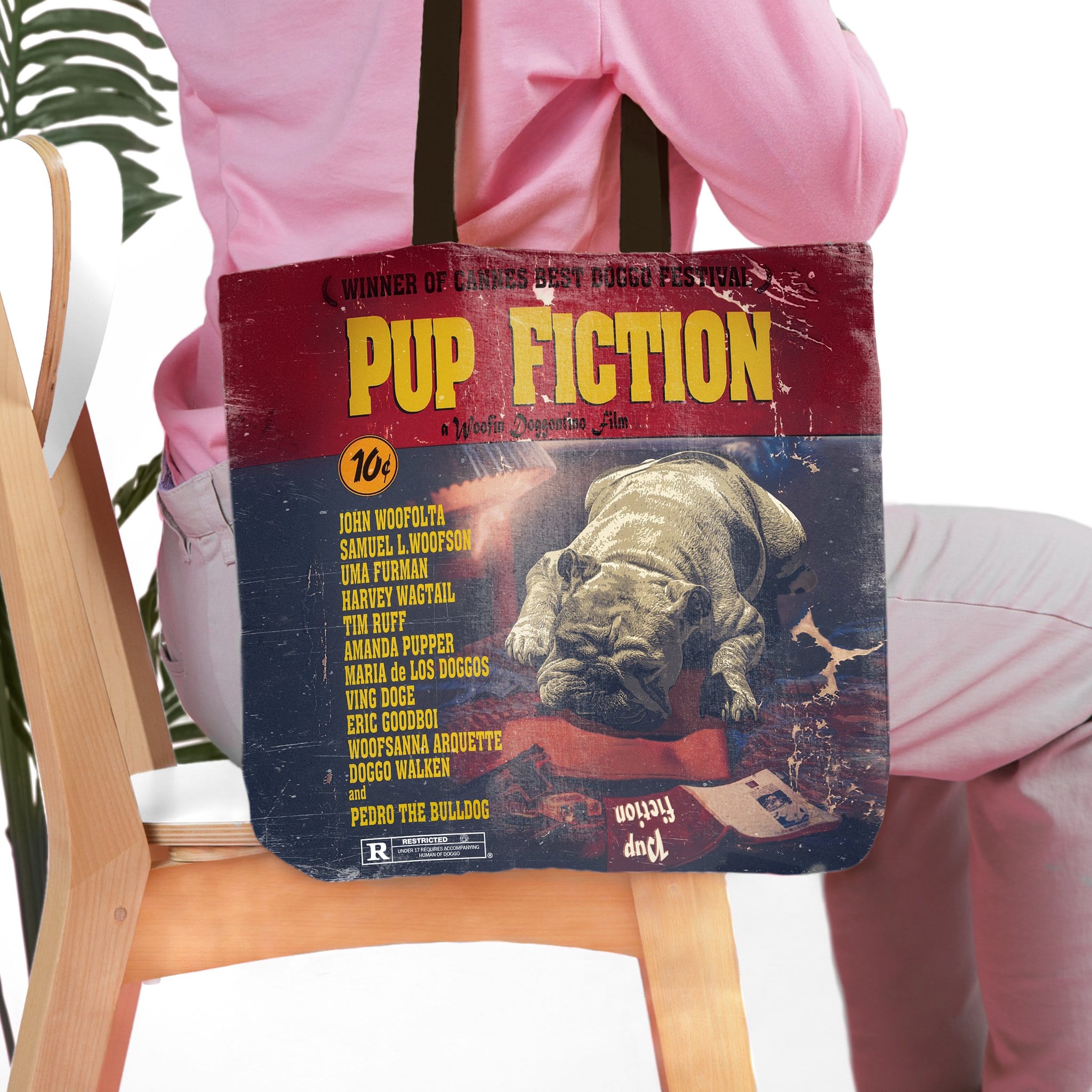 Personalized "Pup Fiction" tote bag with a bulldog portrait in a movie poster style.