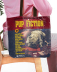 Personalized "Pup Fiction" tote bag with a bulldog portrait in a movie poster style.