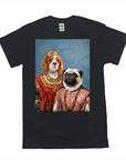 Black Gildan t-shirt featuring a personalized portrait of two pets dressed as a queen and archduchess.