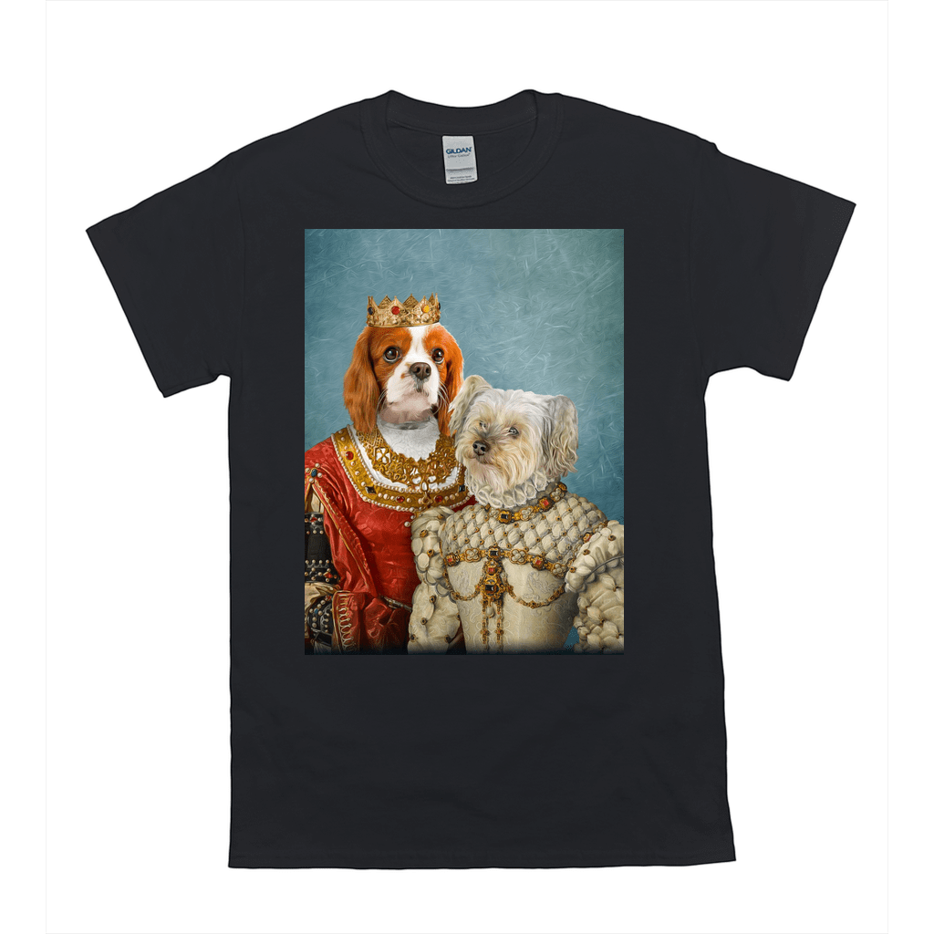 Black Gildan t-shirt featuring a personalized portrait of a Cavalier King Charles Spaniel as a queen and a Maltese as a princess.