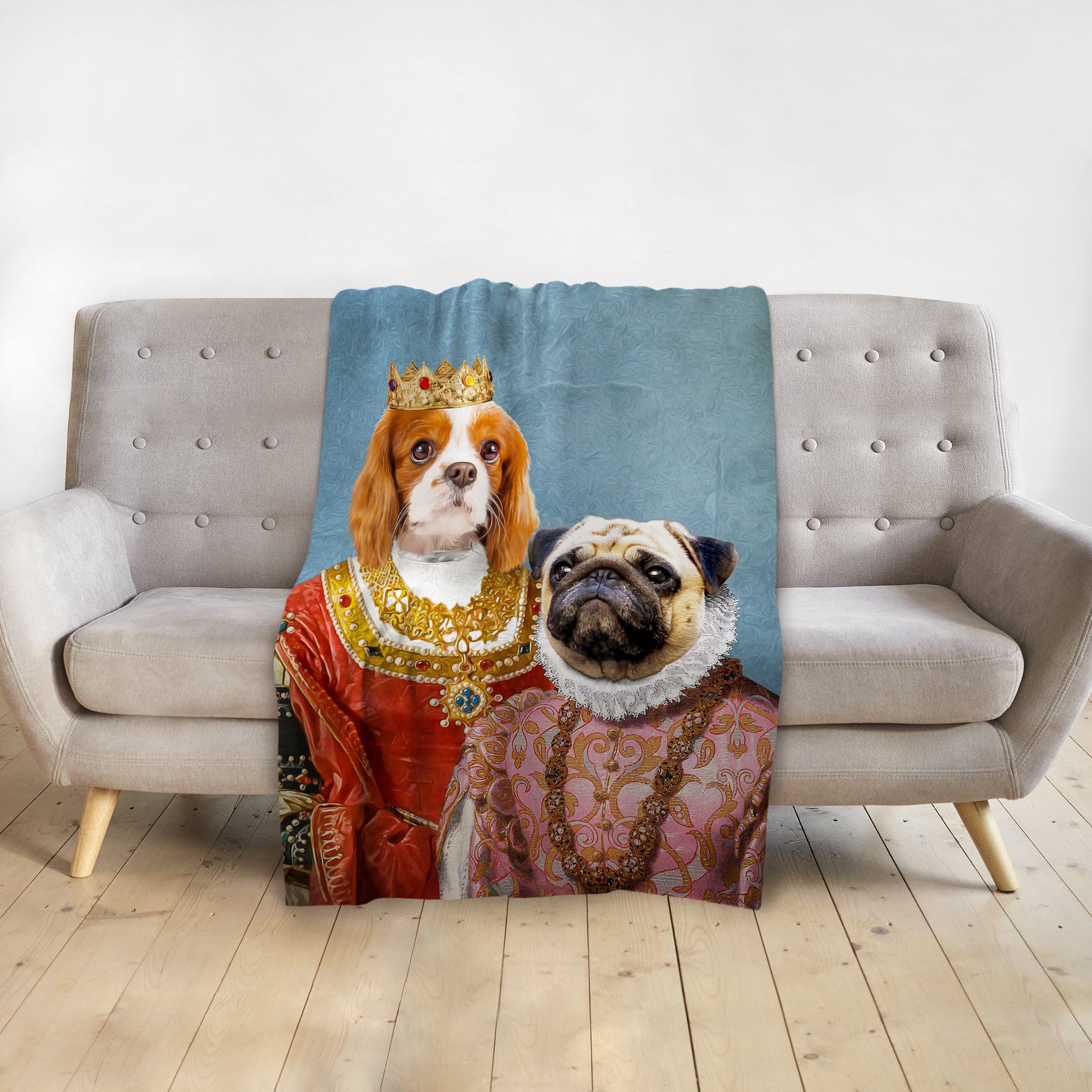 Personalized pet blanket with a Cavalier King Charles Spaniel and a Pug in royal renaissance portraits.