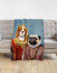 Personalized pet blanket with a Cavalier King Charles Spaniel and a Pug in royal renaissance portraits.