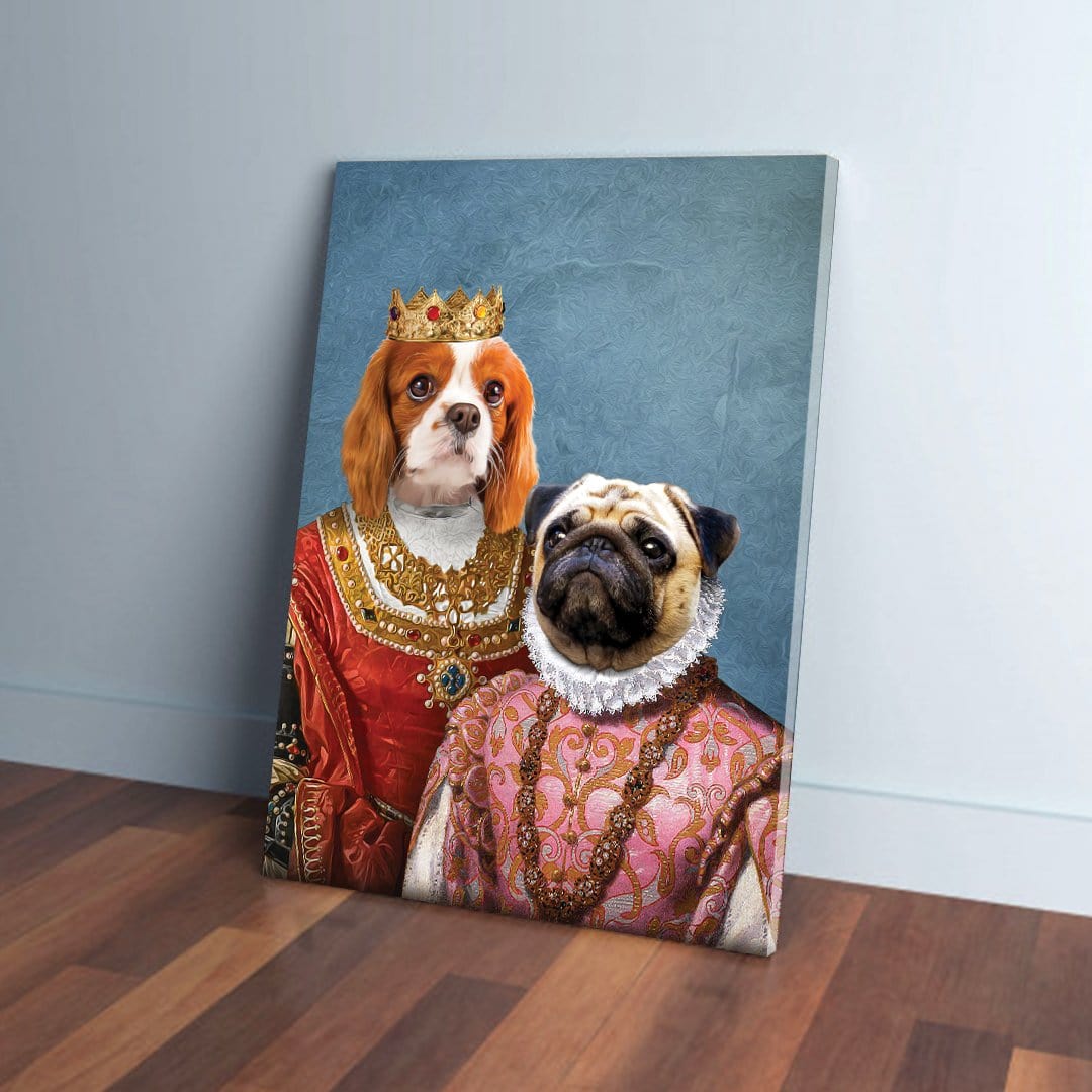 Custom canvas with a Cavalier King Charles Spaniel and a Pug in royal attire against a blue background.