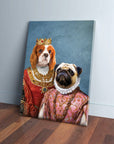 Custom canvas with a Cavalier King Charles Spaniel and a Pug in royal attire against a blue background.
