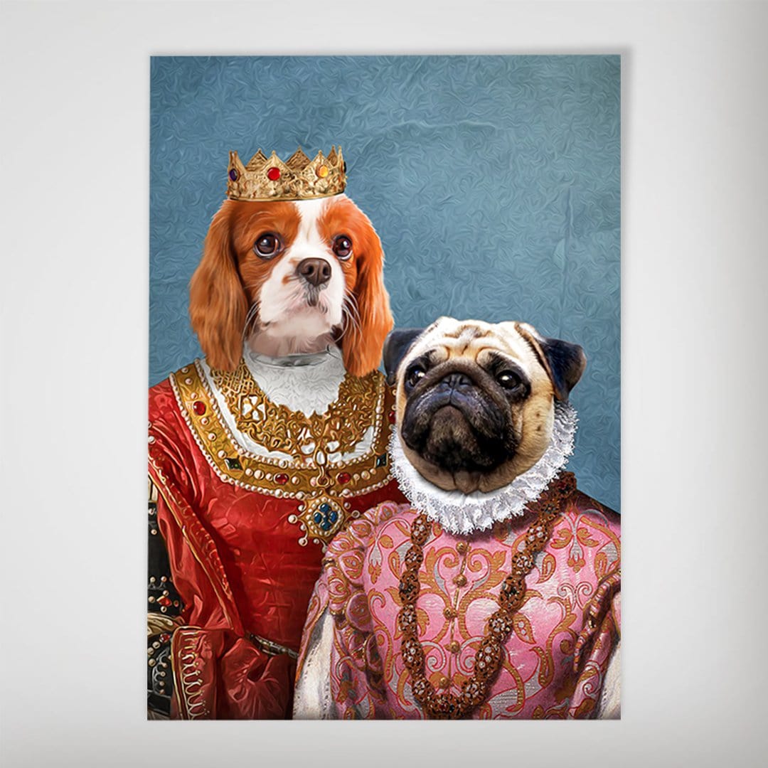 Personalized "Queen and Archduchess" pet poster featuring a Cavalier King Charles Spaniel and a Pug in regal attire against a blue background.