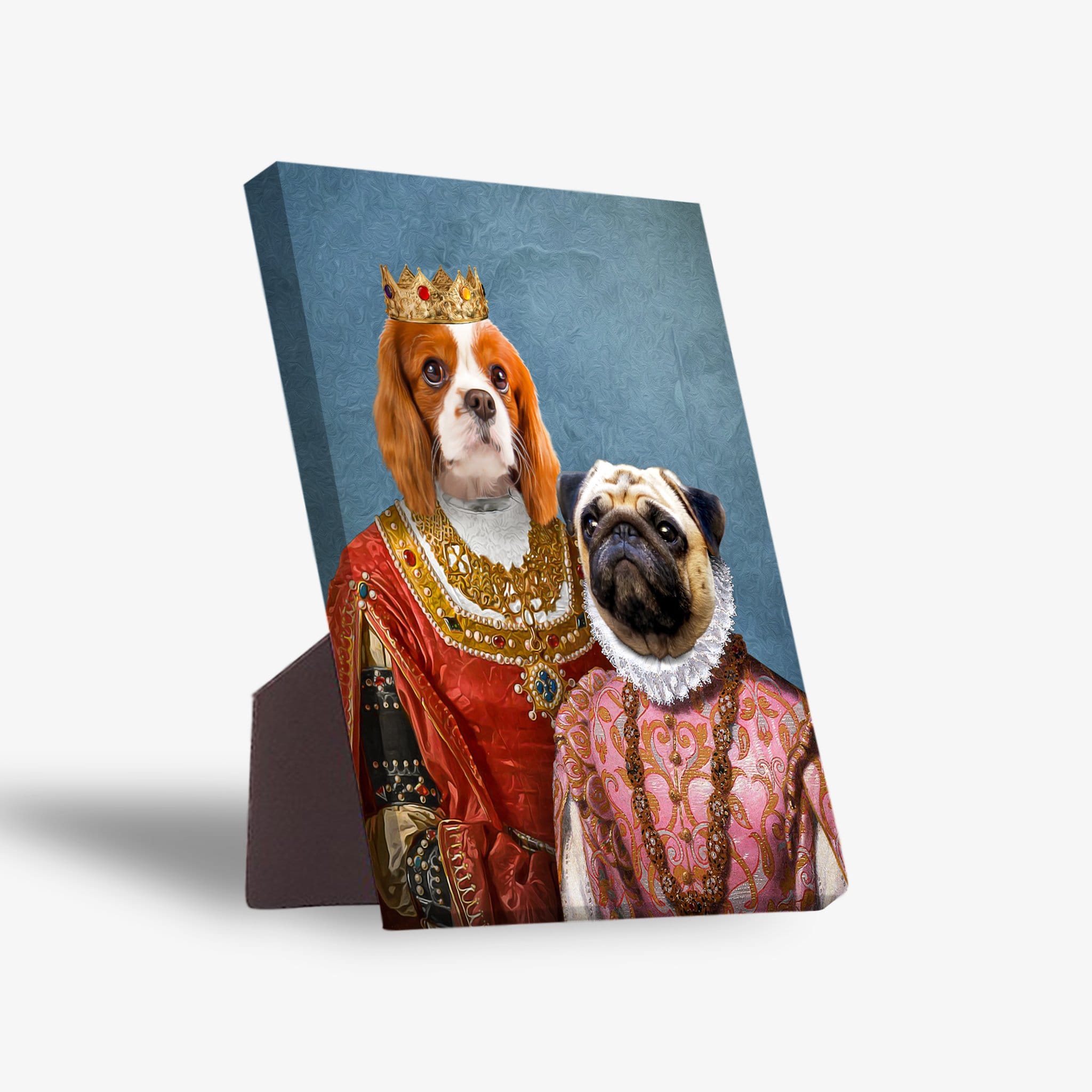 Personalized "Queen and Archduchess" standing canvas featuring two pets in regal attire on a blue background.