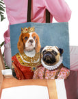 Personalized pet tote bag with two dogs in renaissance royal portraits, a Cavalier King Charles Spaniel and a Pug.