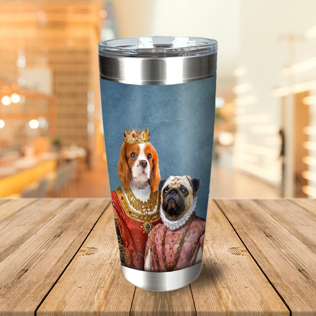 Personalized stainless steel tumbler with a custom royal renaissance portrait of a Cavalier King Charles Spaniel and a Pug.