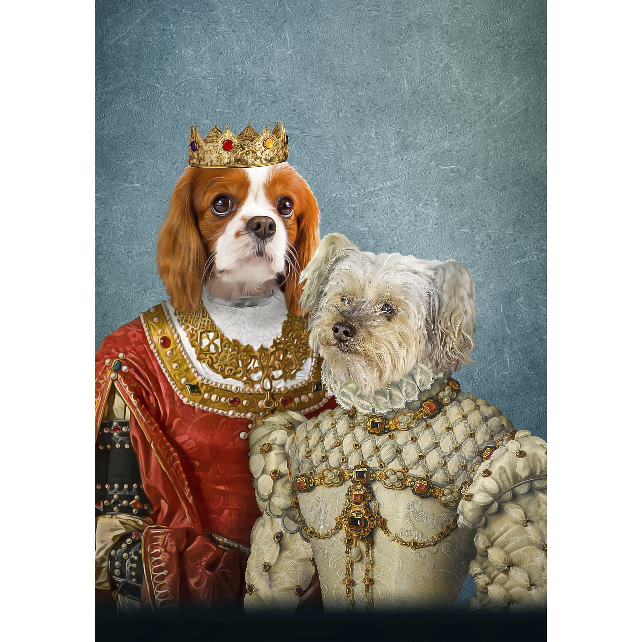 Custom digital portrait of two dogs dressed as a queen and princess in Renaissance style.