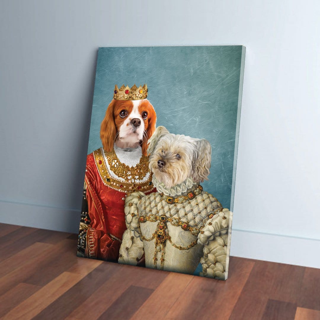 Personalized canvas of two dogs, a Cavalier King Charles Spaniel and a Maltese, dressed as a queen and princess.