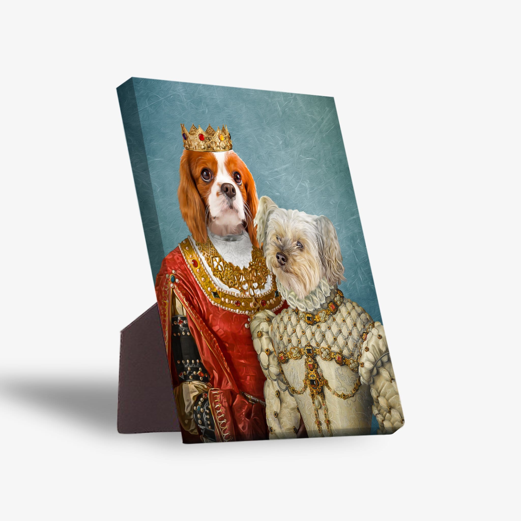 Personalized 'Queen and Princess' pet portrait on a standing canvas, featuring two dogs in regal attire.