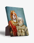 Personalized 'Queen and Princess' pet portrait on a standing canvas, featuring two dogs in regal attire.