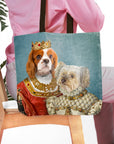 Personalized 'Queen and Princess' pet portrait tote bag featuring a Cavalier King Charles Spaniel and a Maltese.