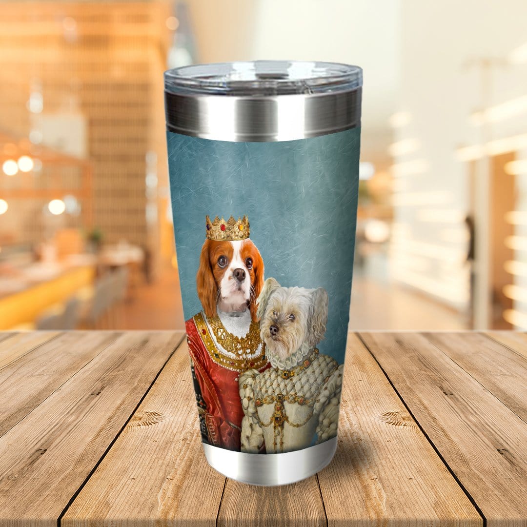Personalized stainless steel tumbler with custom royal pet portraits of a Cavalier King Charles Spaniel and a white dog.