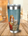 Personalized stainless steel tumbler with custom royal pet portraits of a Cavalier King Charles Spaniel and a white dog.