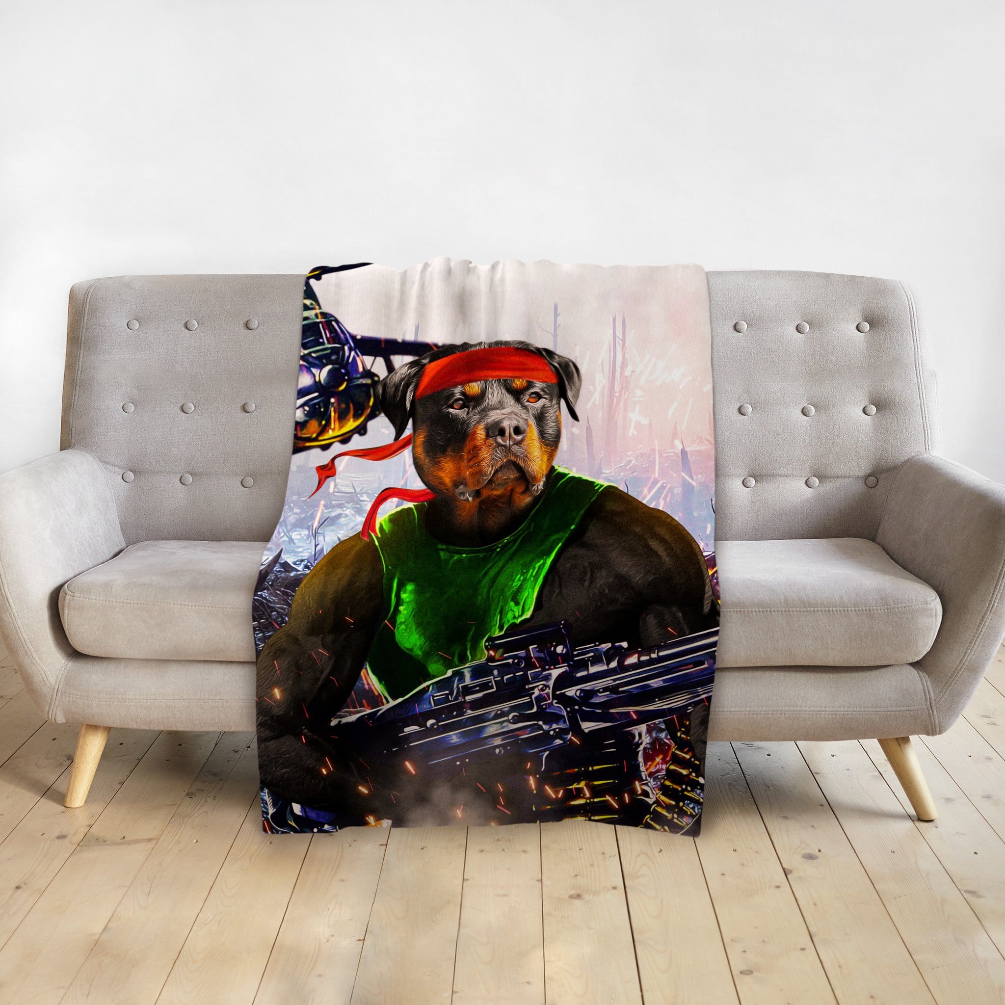 Personalized pet blanket with a Rottweiler in a Rambo-style portrait, green shirt, red bandana, and machine gun.
