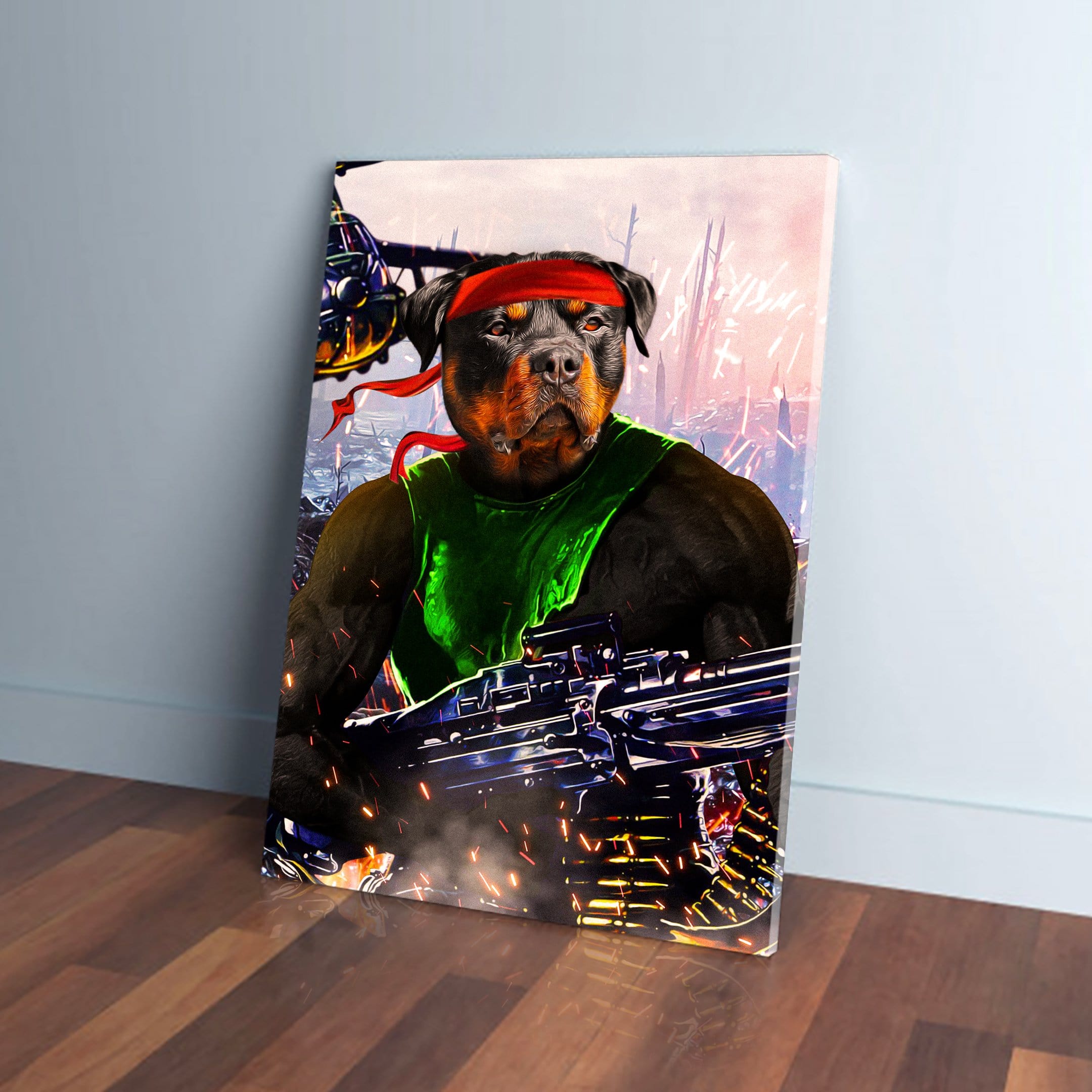 Custom 'Rambo Doggo' personalized pet canvas featuring a Rottweiler in a red headband and green vest.