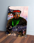 Custom 'Rambo Doggo' personalized pet canvas featuring a Rottweiler in a red headband and green vest.