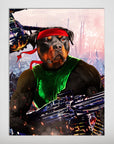 Personalized 'Rambo Doggo' pet poster featuring a Rottweiler in a red headband and green tank top, holding a large gun amidst a fiery battle scene.