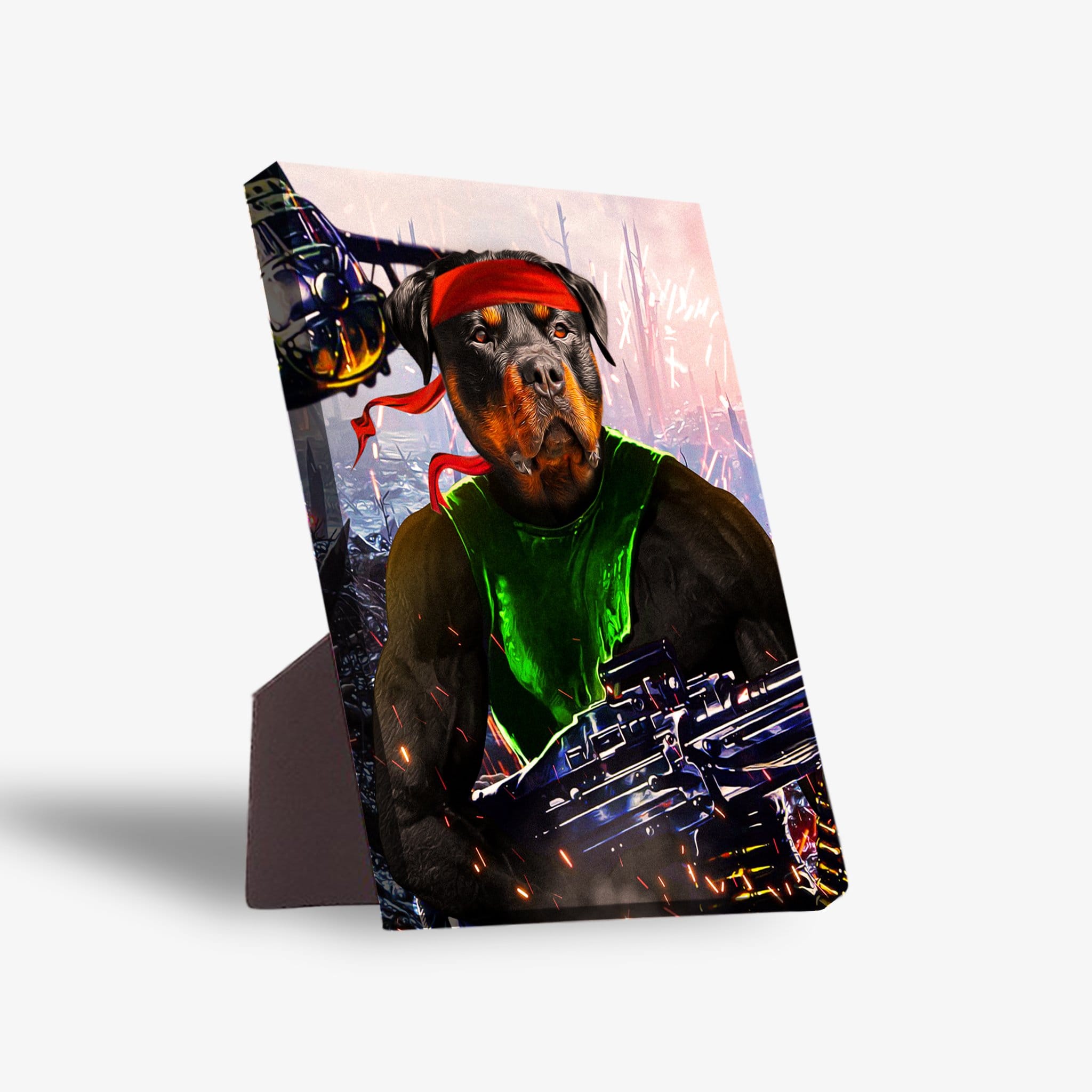 Personalized 'Rambo Doggo' standing canvas featuring a Rottweiler in a red bandana and green shirt, holding a weapon.