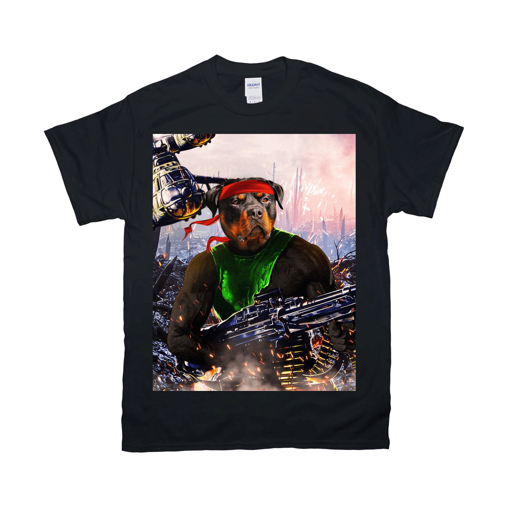 Black Gildan t-shirt featuring a Rottweiler in a Rambo-style design with a red headband and green tank top.