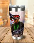 Personalized stainless steel tumbler with a custom "Rambo Doggo" portrait of a Rottweiler in a green vest and red headband.