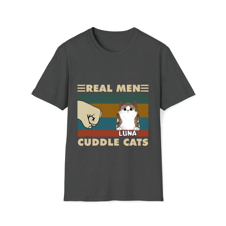 Dark gray unisex t-shirt with "Real Men Cuddle Cats" text, a fist, and a brown and white cat named Luna.