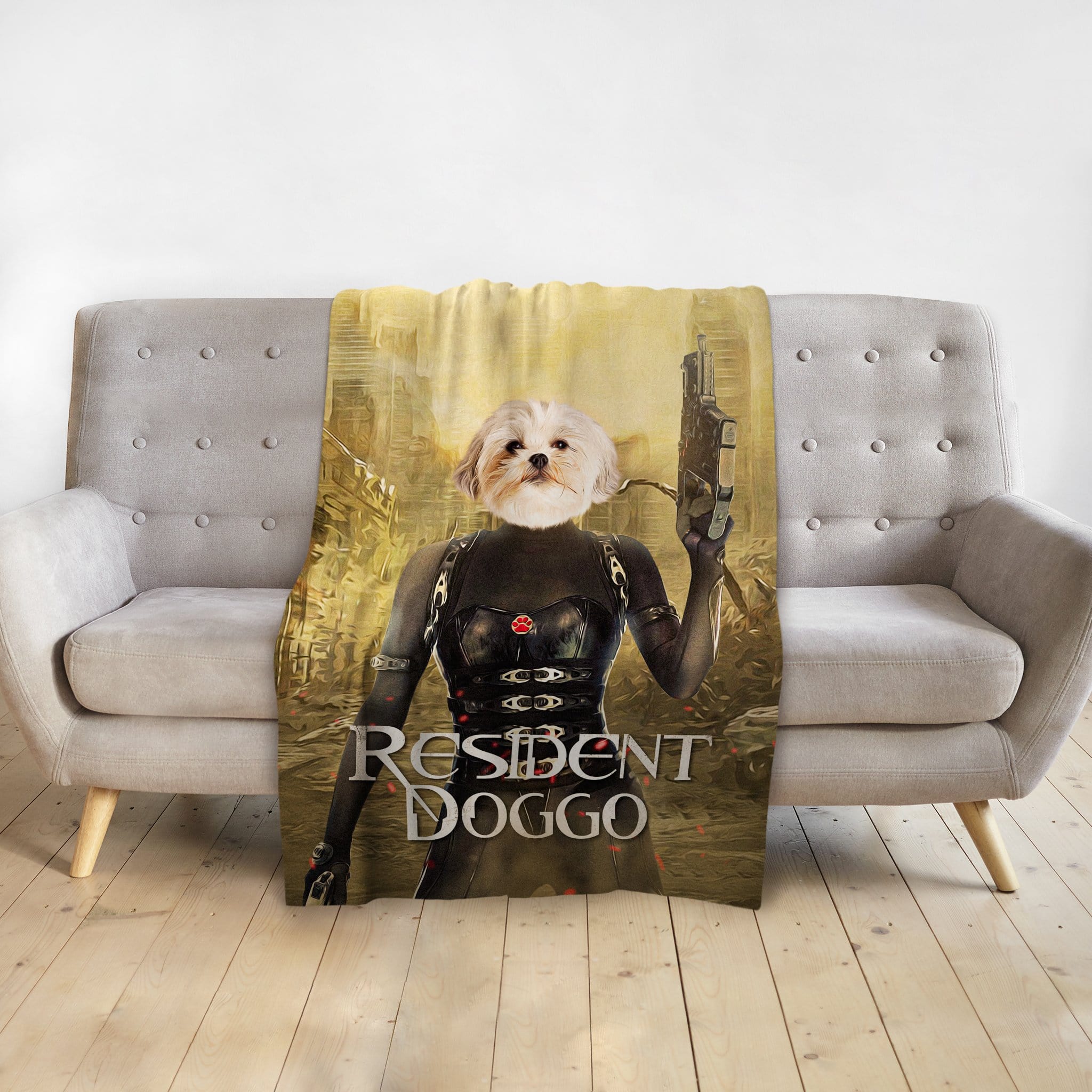 Personalized pet blanket with a Doggovinci portrait of a dog in a Resident Evil-style costume.