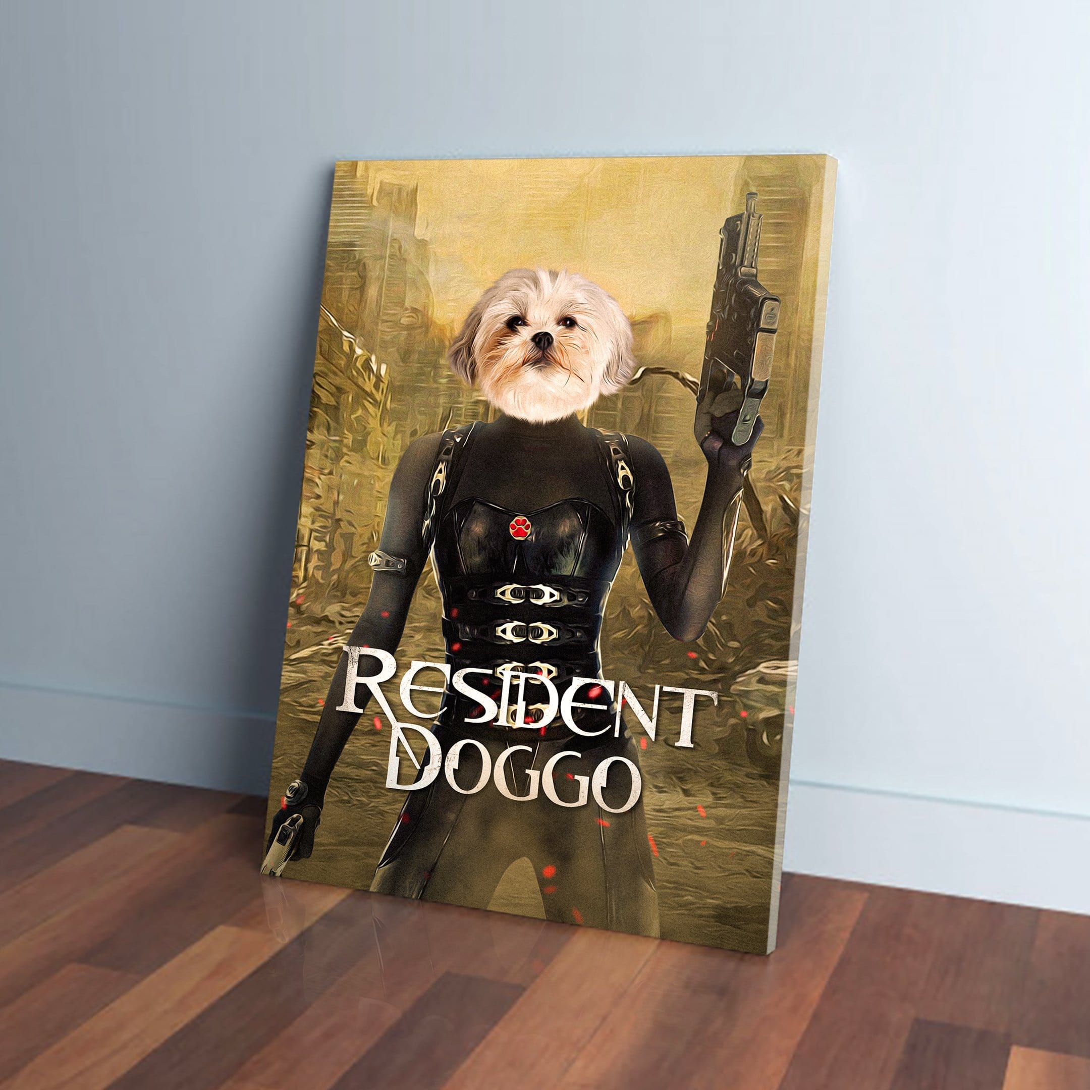 Personalized 'Resident Doggo' canvas featuring a Shih Tzu's head on a character's body with a gun.