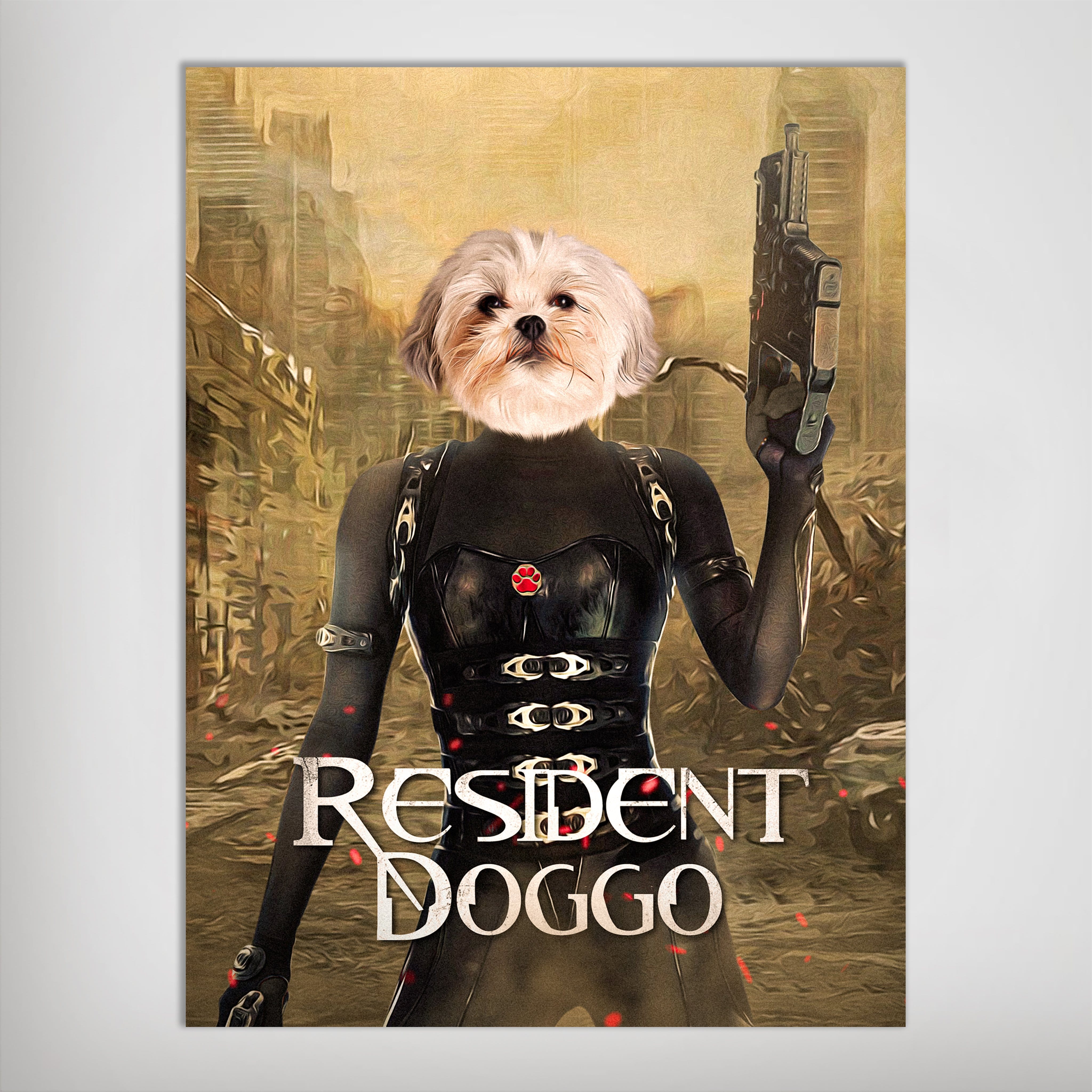 Personalized matte poster featuring a Shih Tzu's head on a "Resident Doggo" character holding a gun.